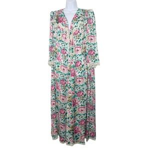 Vintage 70s Floral Lace Trim Maxi Nightgown Peignoir Robe Cottagecore Pink Green